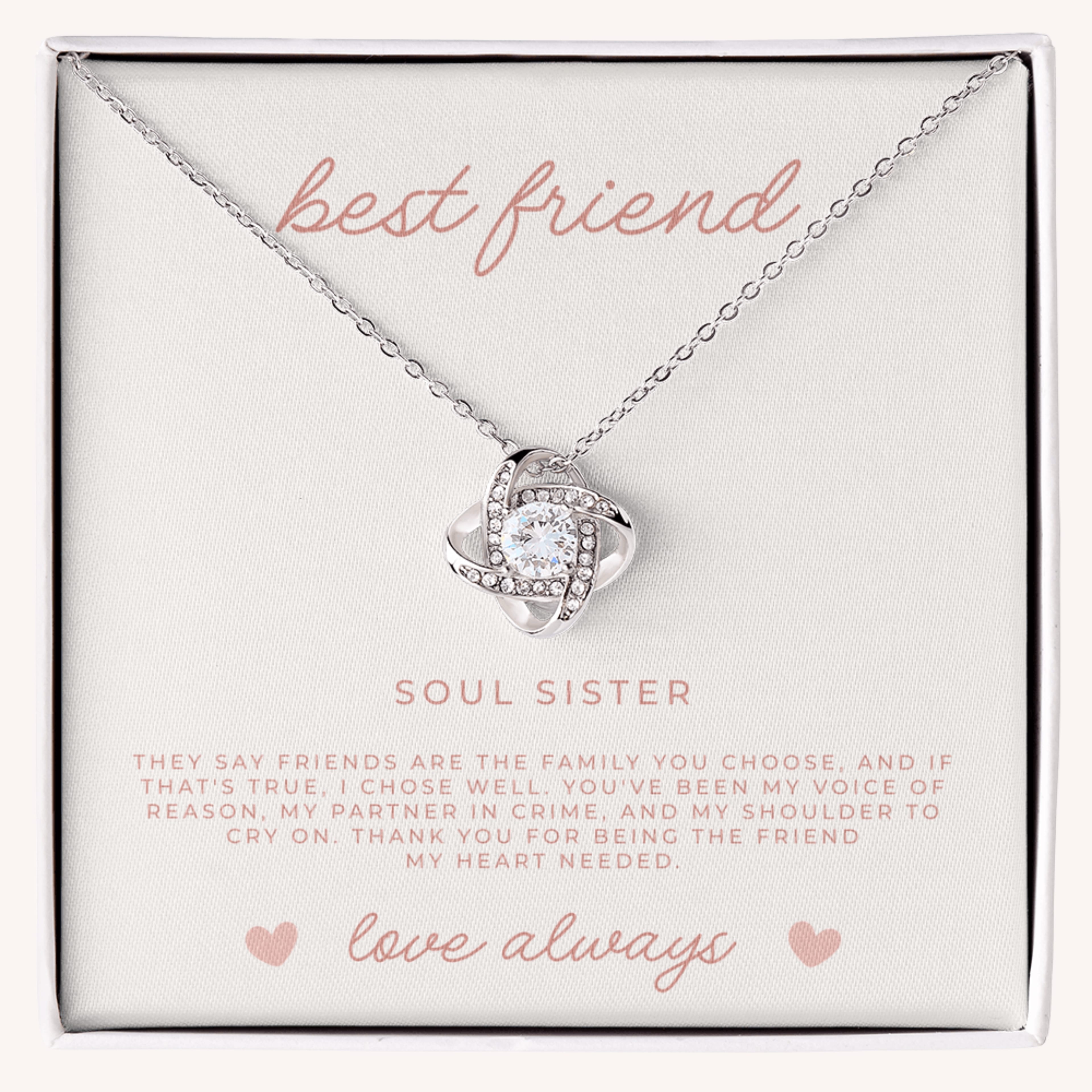 Waterproof white gold love knot necklace in gift box with Christian message card about friendship, perfect best friend gift