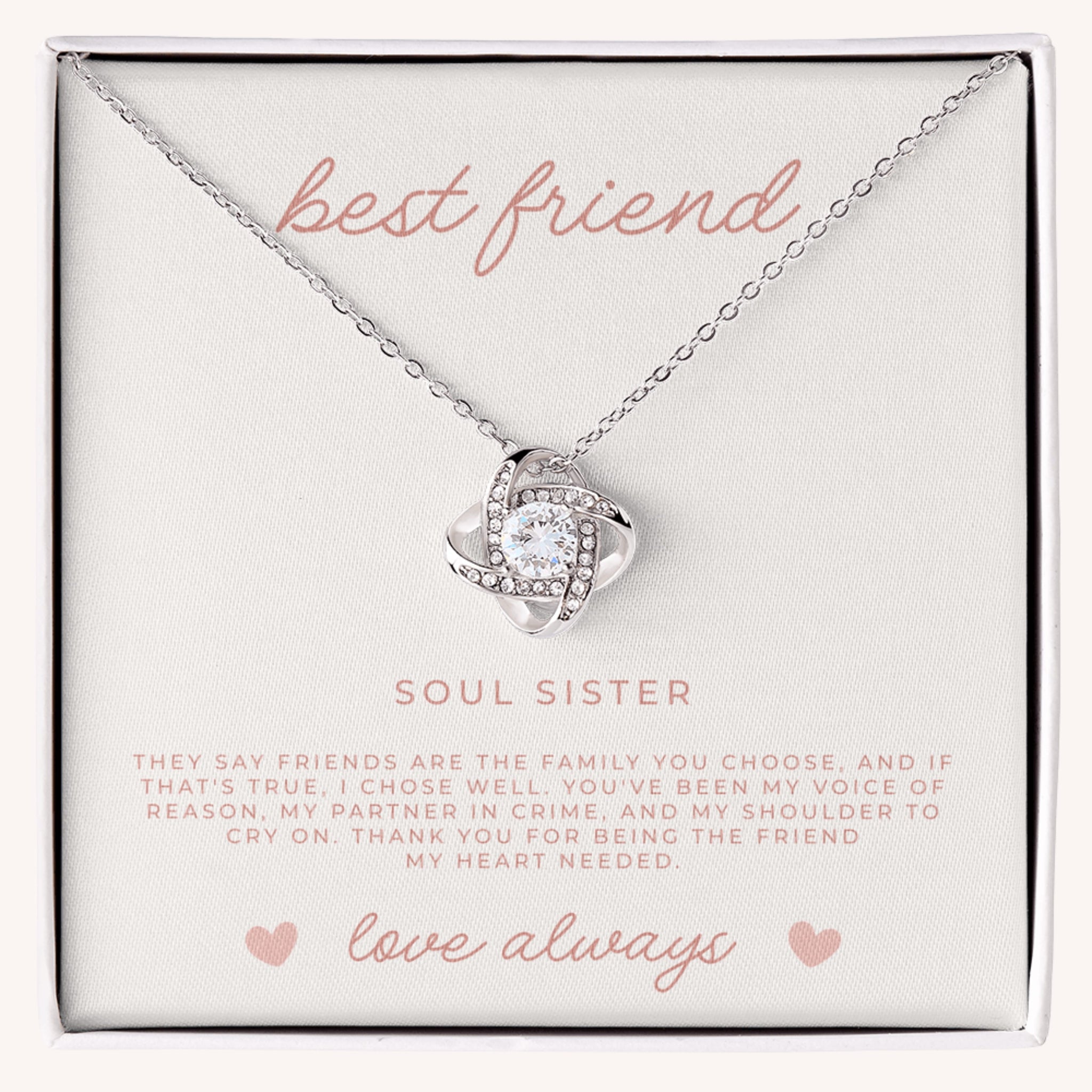 Waterproof white gold love knot necklace in gift box with Christian message card about friendship, perfect best friend gift