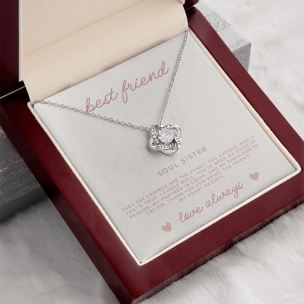 beautiful love knot necklace and message card for bestfriend, soul sister in a light up gift box
