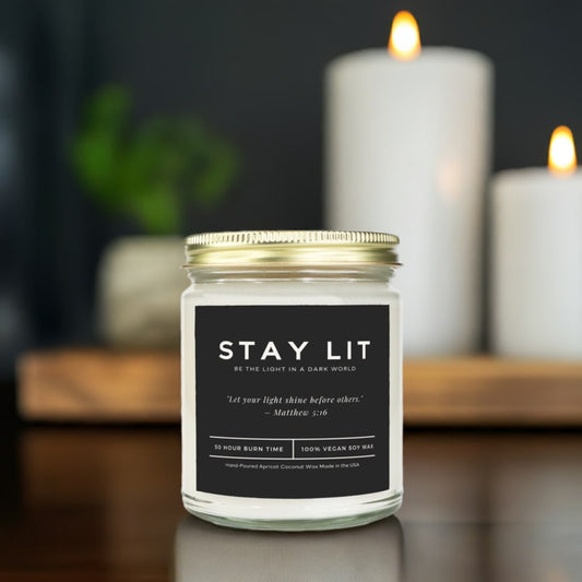 Christian soy candle with an inspiring scripture label, perfect for a faith-filled home.