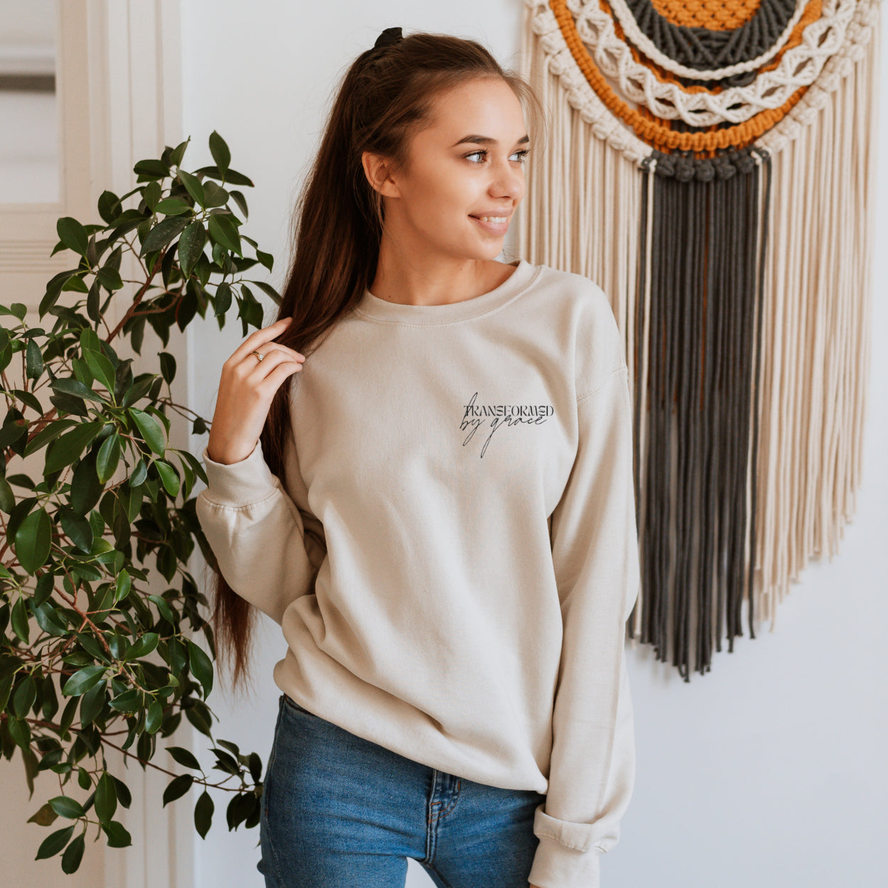 “Transformed by Grace” Women’s Sweatshirt with Butterfly Design – Sand Color