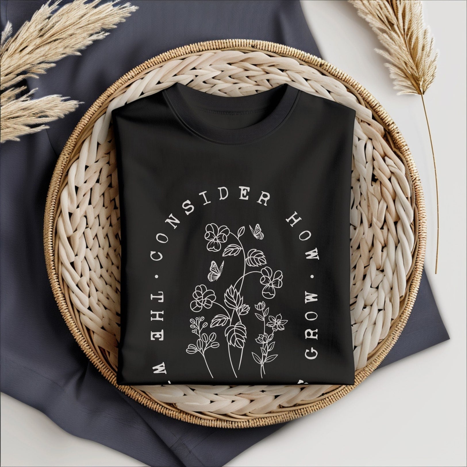 Wildflowers - Luke 12:27 - Christian T-shirt - Black