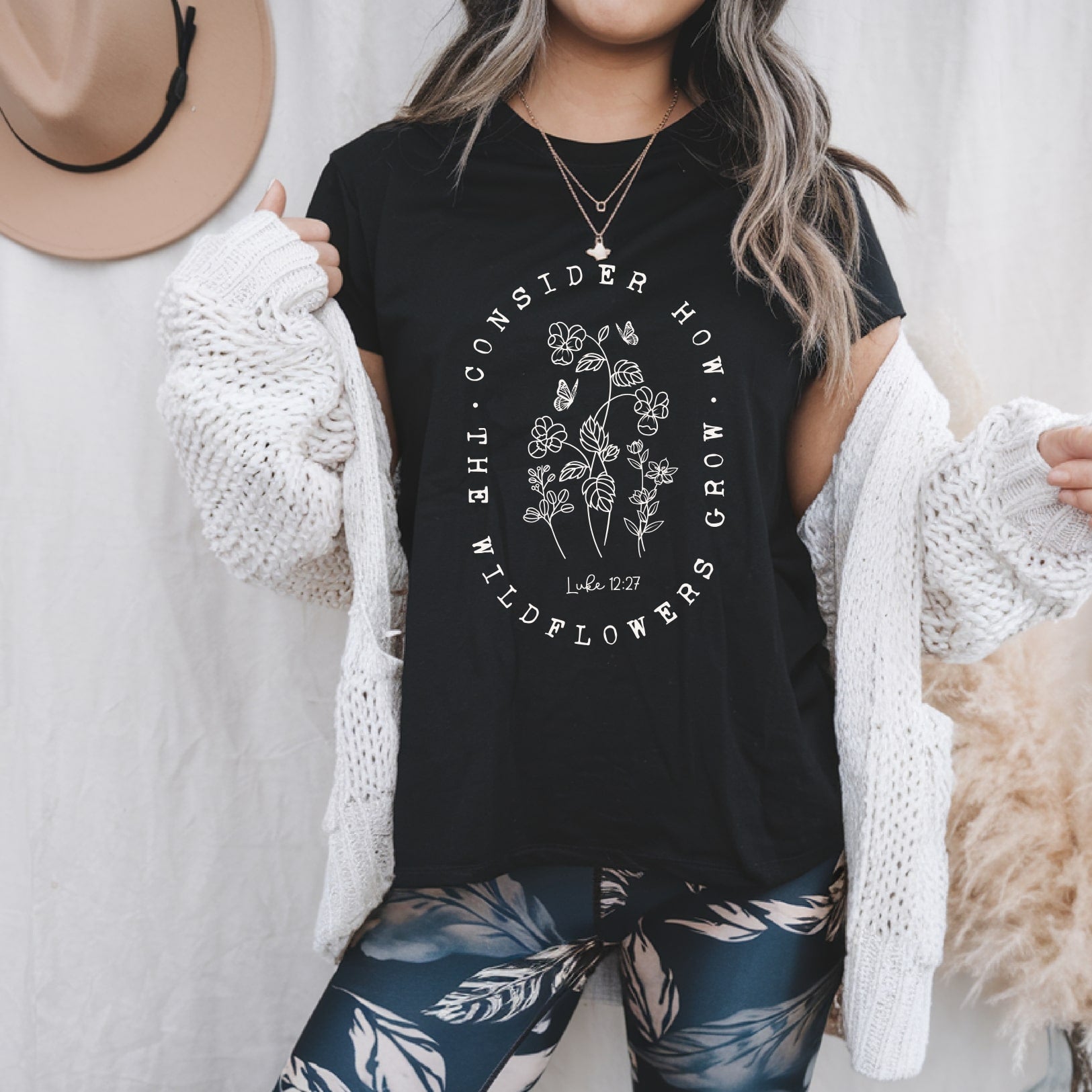 Wildflowers - Luke 12:27 - Christian T-shirt - Black