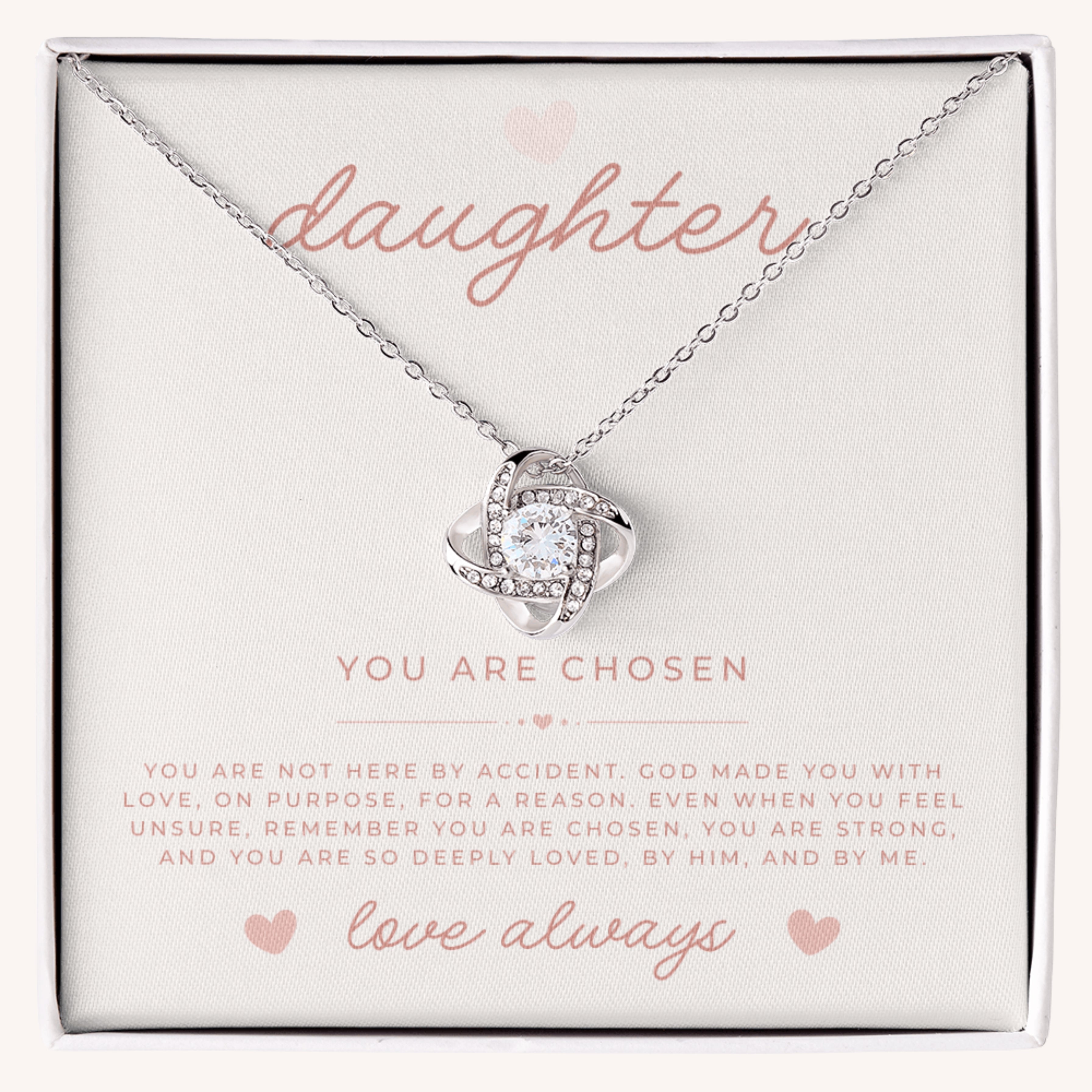 Necklace with white gold love knot pendant in a 'daughter' themed box
