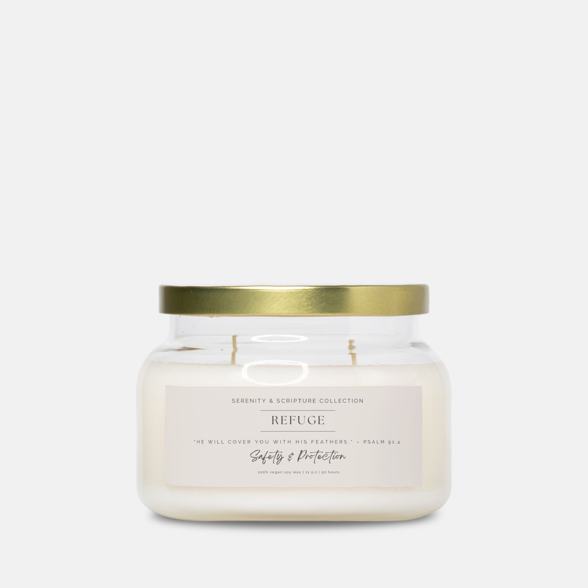 REFUGE Candle for Safety and Peace – Natural soy wax and Psalm 91:4, providing a sanctuary of calm