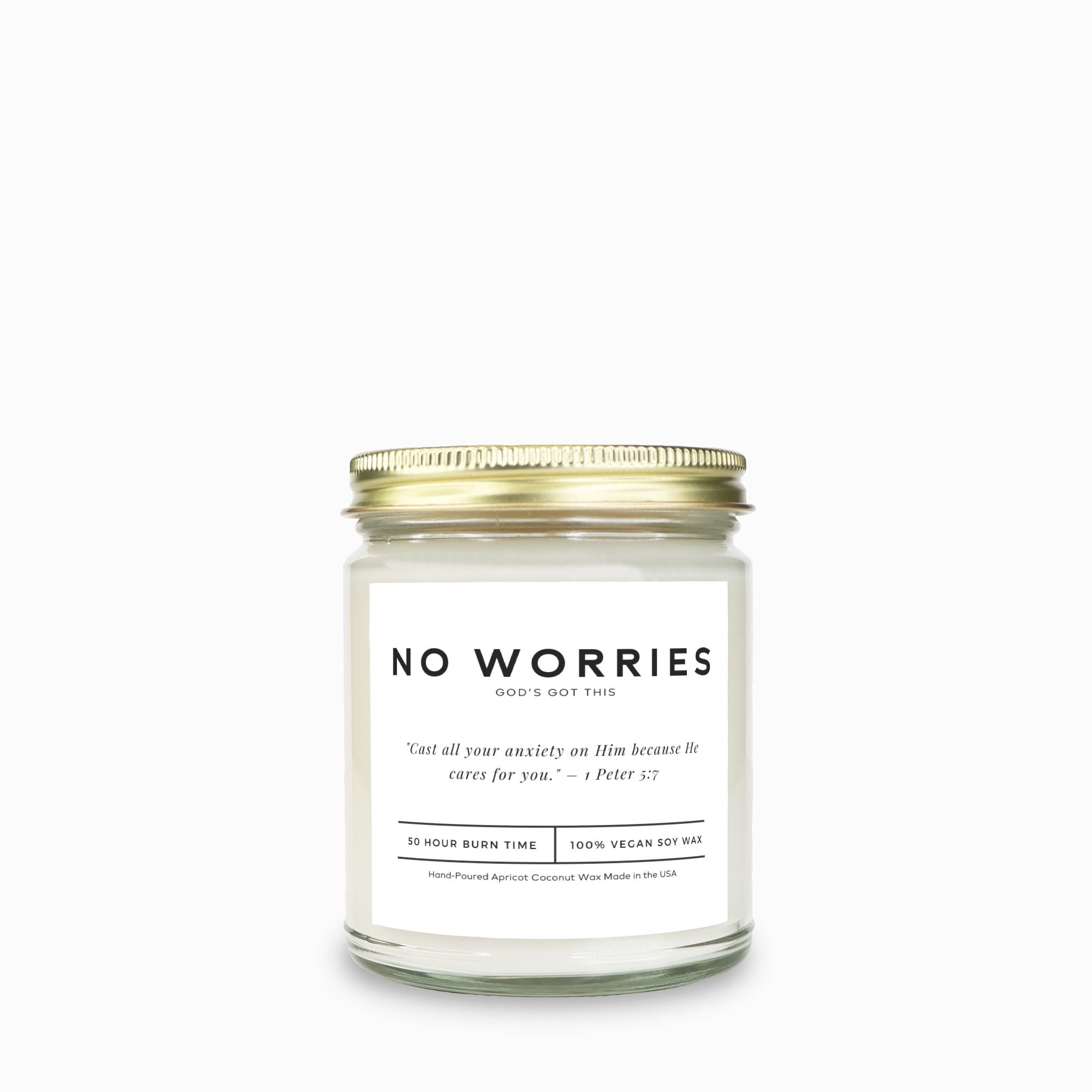 Minimalist scripture candle in a modern clear jar, made with clean soy wax.