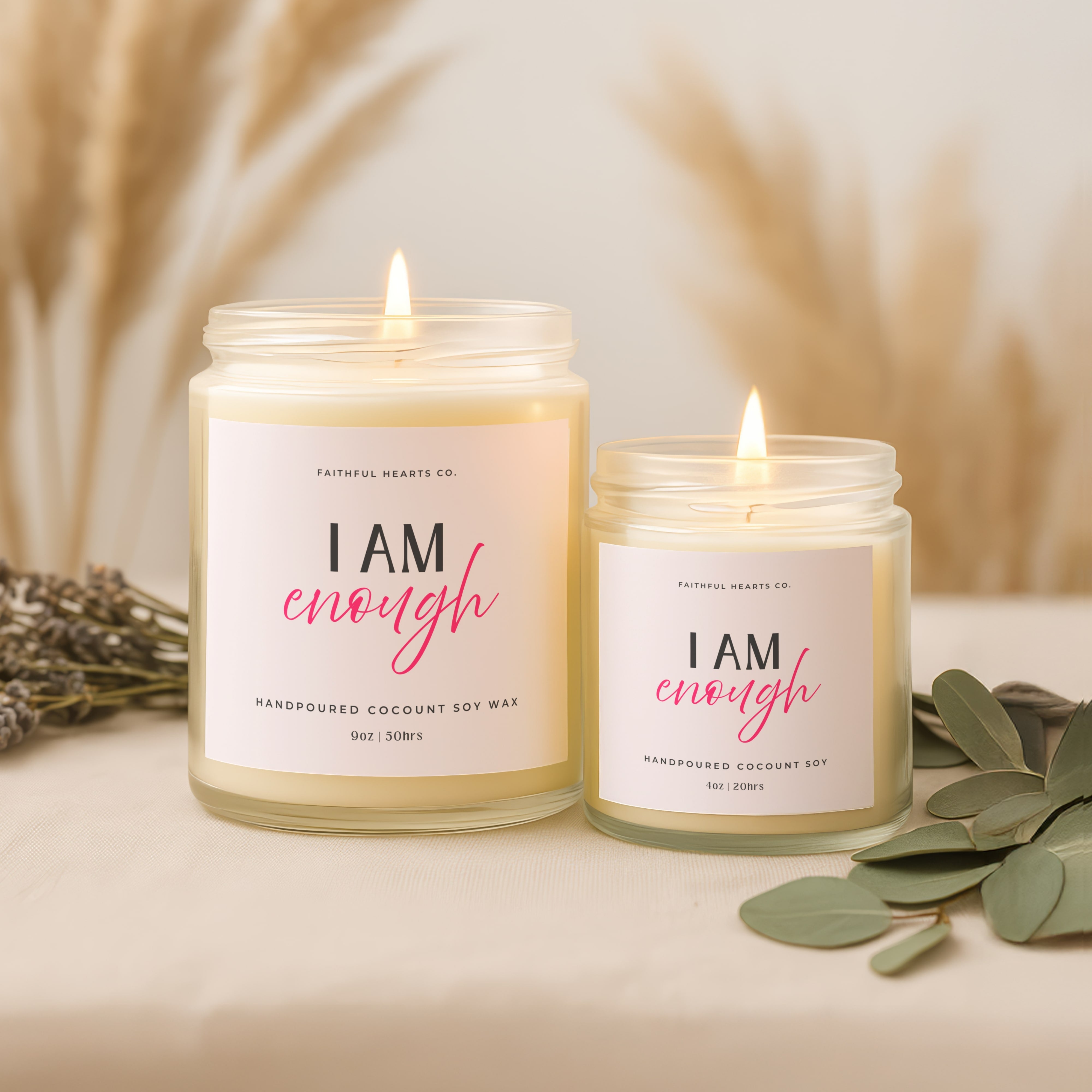 Clear glass I Am Enough positivity candle, handmade spiritual gift for her designed to inspire self love, mindfulness, and emotional wellness.