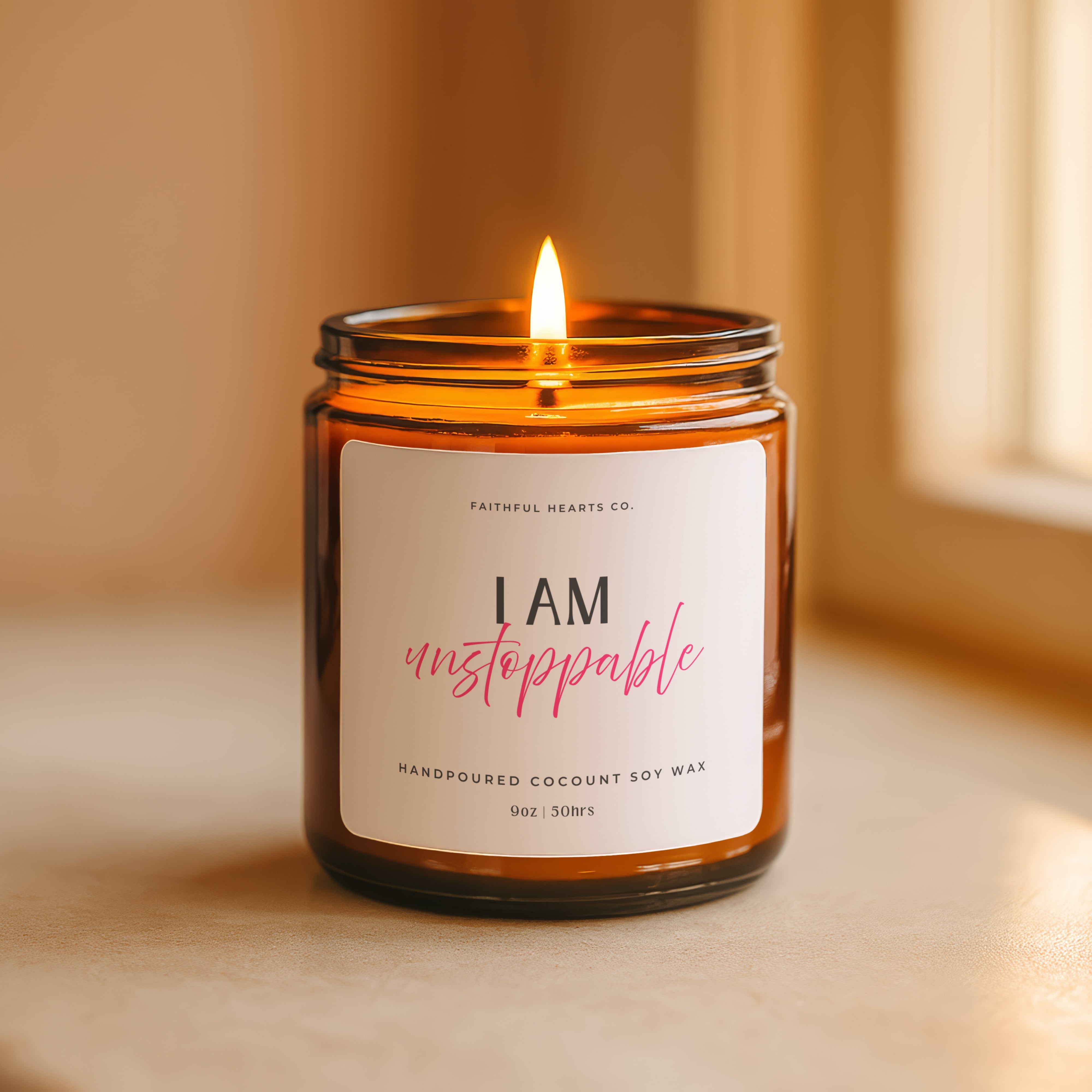 Hand poured amber glass inspirational candle reading I AM Unstoppable, spiritual wellness and affirmation gift for her with mindful, empowering message.