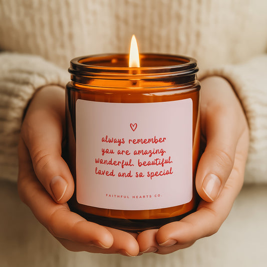 Always Remember You Are Amazing motivational candle in amber glass jar, spiritual gift for her with affirmation message about love, worth, and confidence.