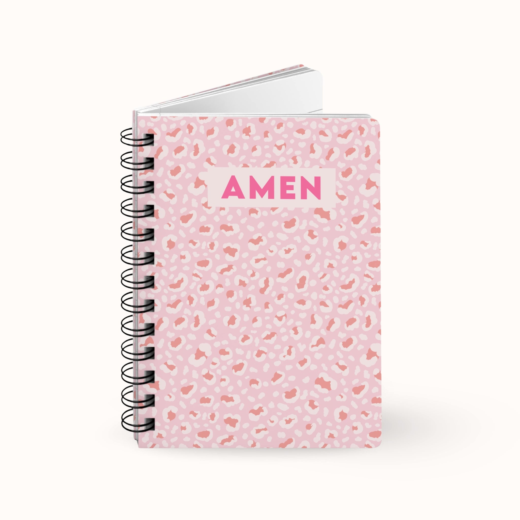 pink animal print notebook with Amen written on the front, cute faith gift