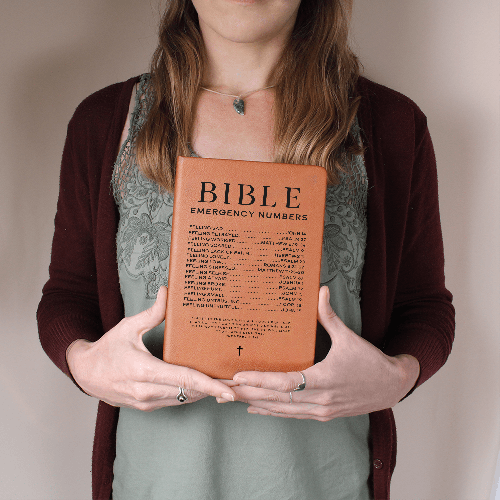 Vegan leather journal with bible emergency numbers, perfect Christian gift.