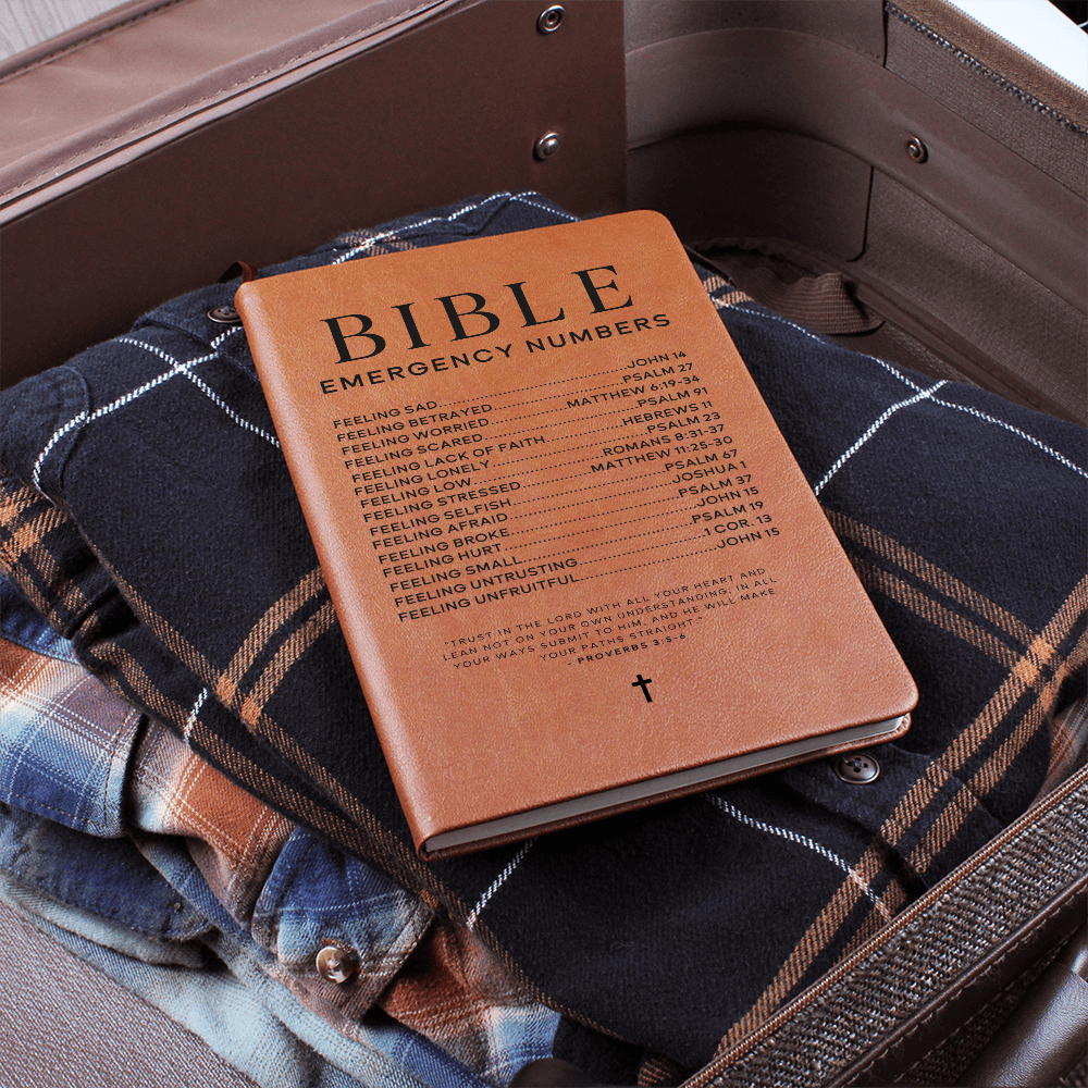 Vegan leather journal featuring Bible Emergency Numbers on the cover.
