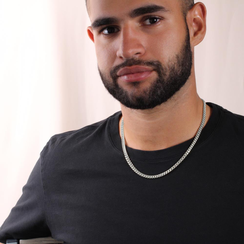 Mens stainless steel chain necklace being worn.