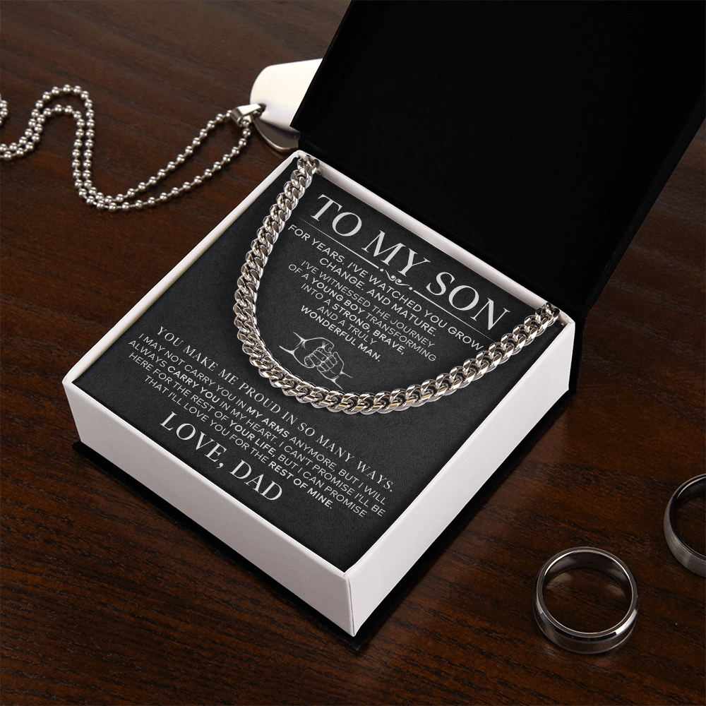 to my son necklace gift for son from dad, stainless steel with message card inside the box.