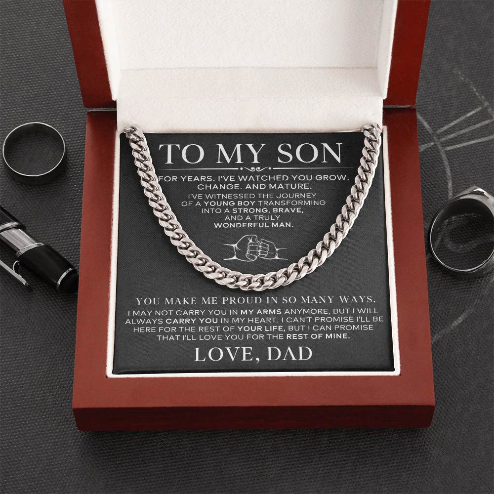 To my son chain gift for son with loving message card of faith and pride.