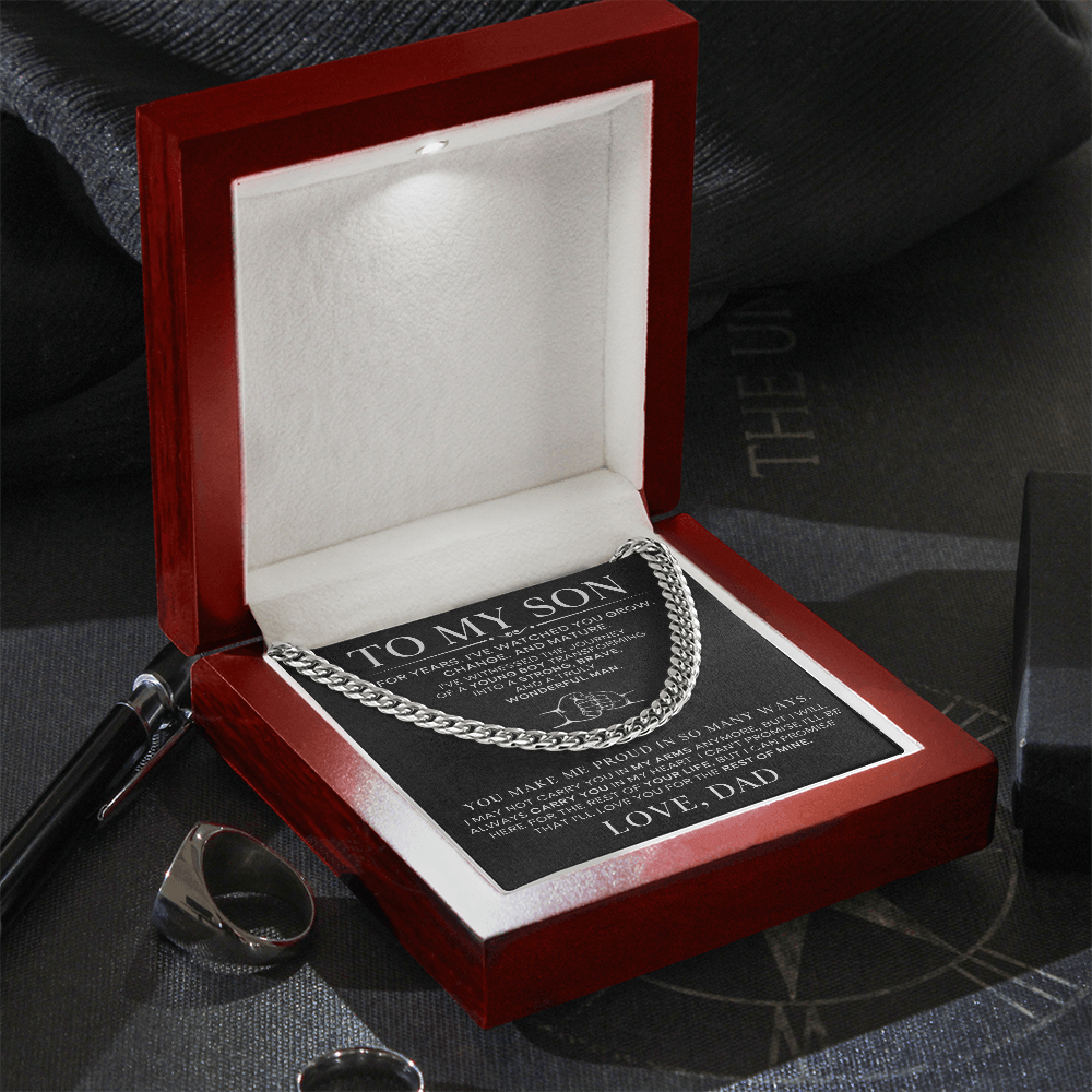 stainless steel chain in luxury light up gift box, with a message card for son from dad.