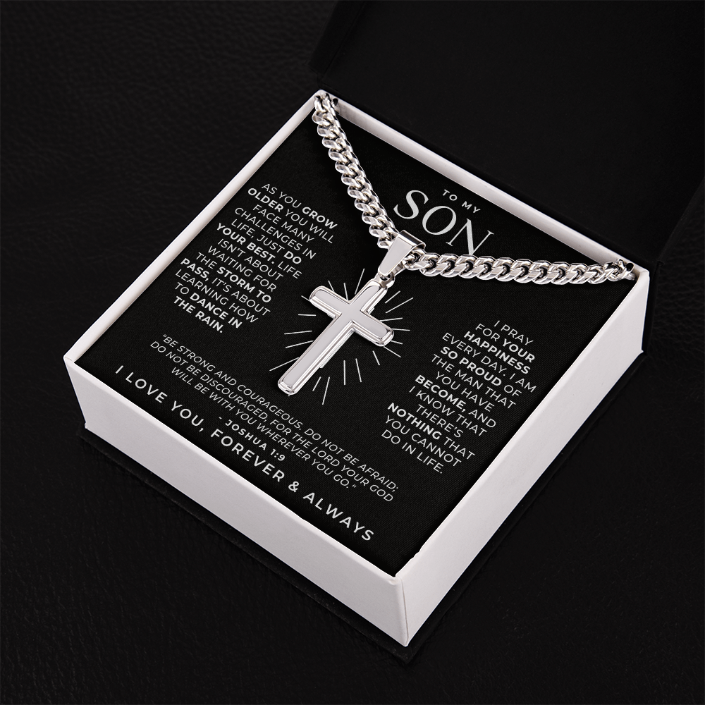 Engraved stainless steel cross necklace for son, with message of prayer and scripture inside the gift box, a faith-inspired gift