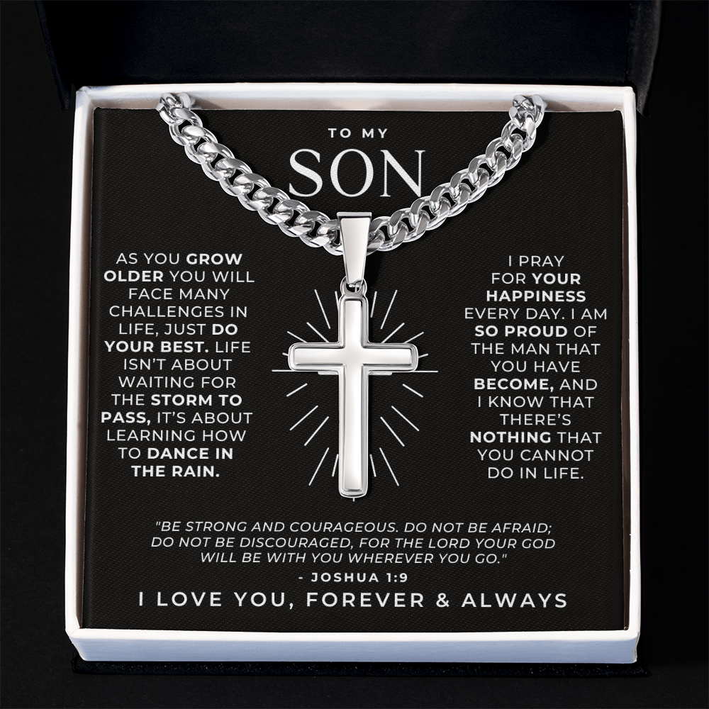 Christian cross pendant for son with custom engraving and faith inspired message card with prayer.