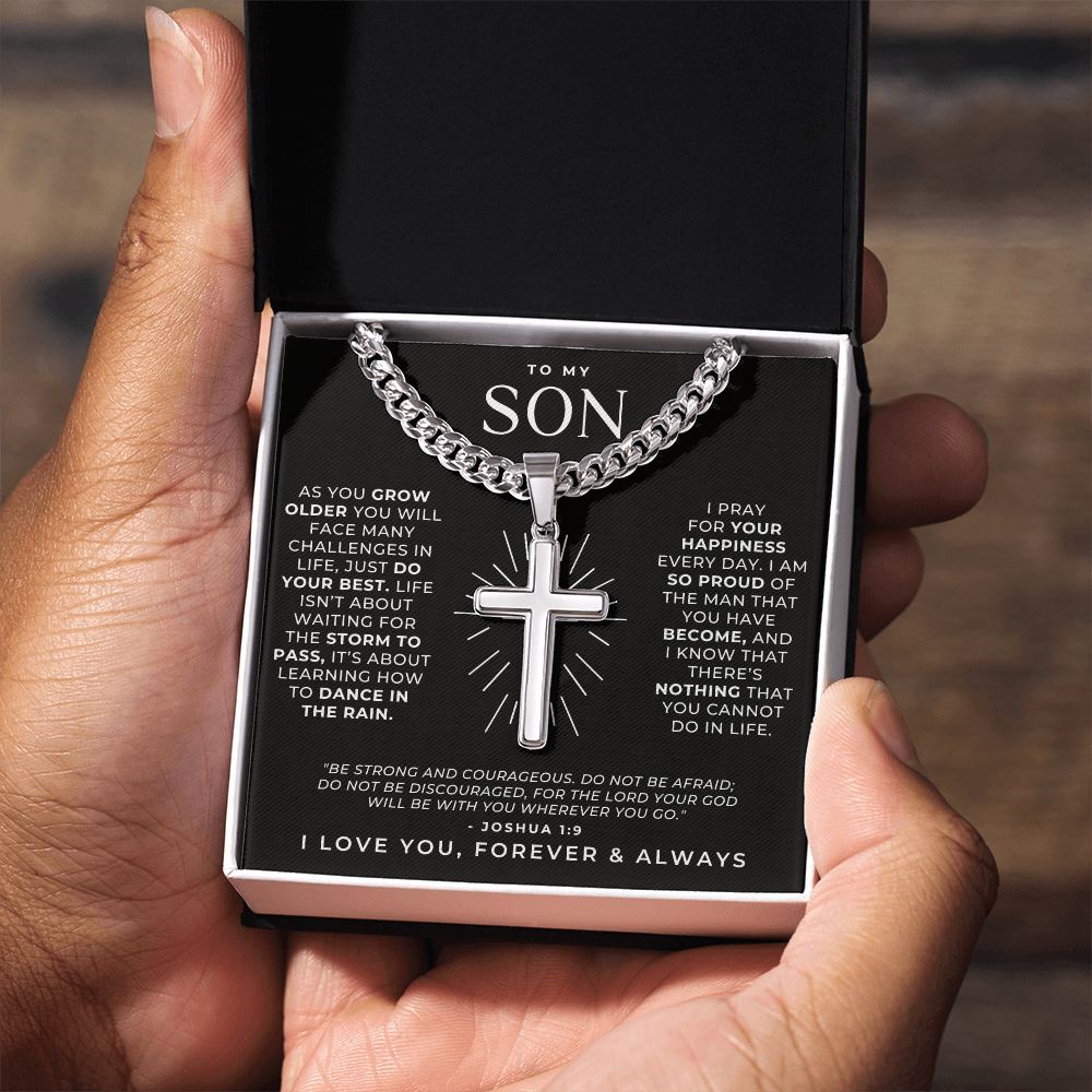 Personalized cross necklace for son, religious and meaningful with a prayer message card.