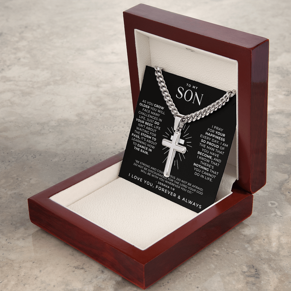 Custom religious cross necklace for son, a special keepsake gift in a wooden box, with prayer message for him.