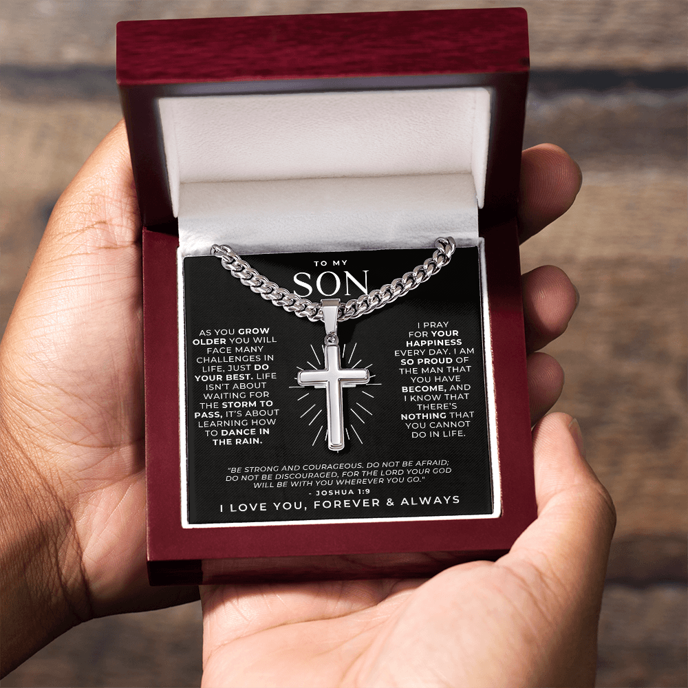 Inspirational stainless steel cross necklace, perfect gift for son