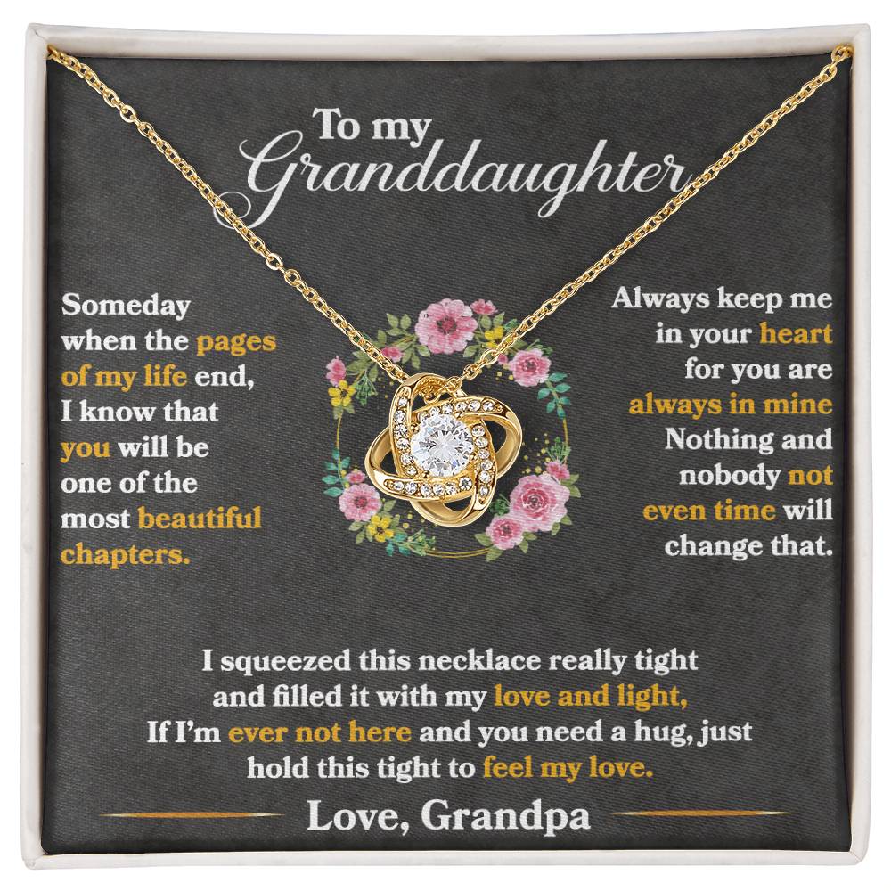 gold love knot necklace for granddaughter with message card from grandpa