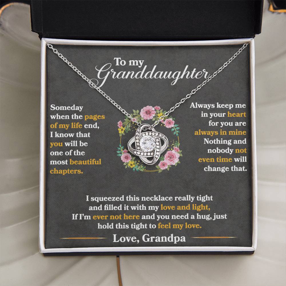 White gold love knot necklace with gift box and a sweet message card to granddaughter from grandpa