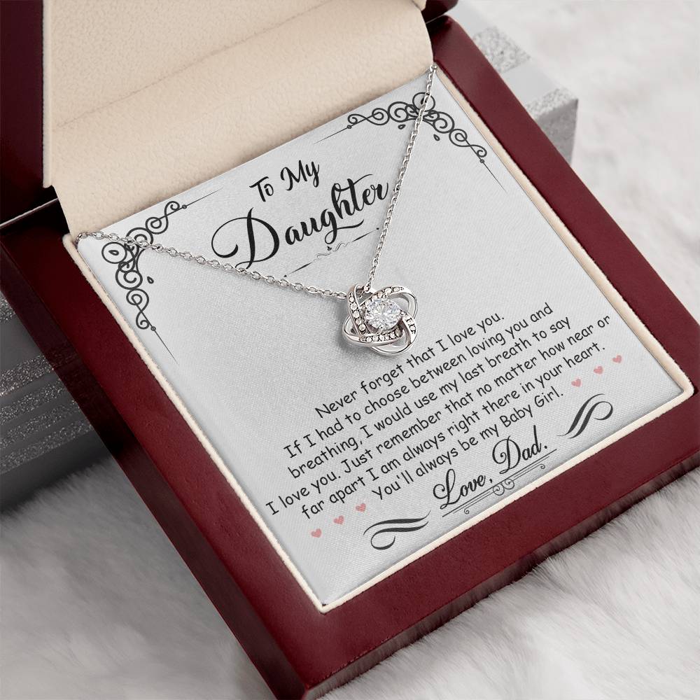Love Knot Necklace for Daughter with heartfelt message from Dad inside luxury wooden gift box.