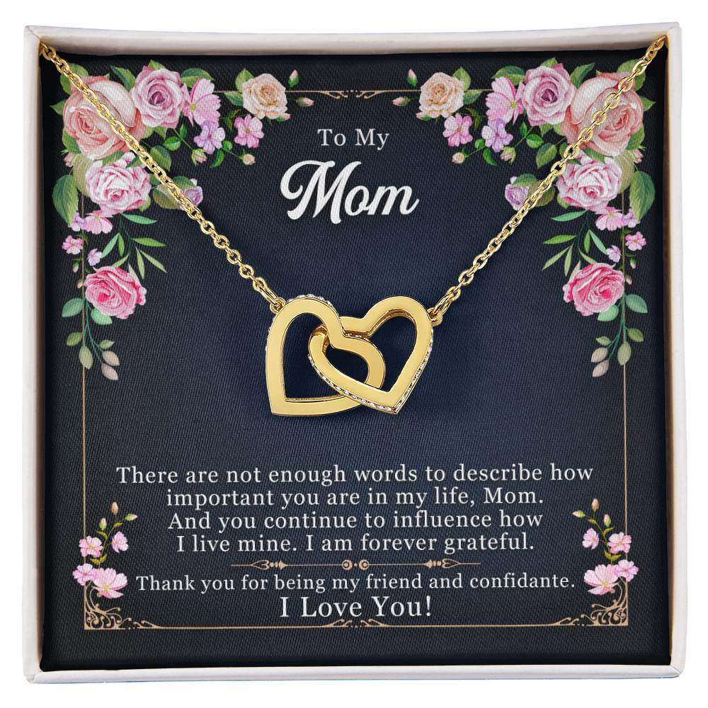 Gold Interlocking hearts necklace with a meaningful message card for mom to say thank you