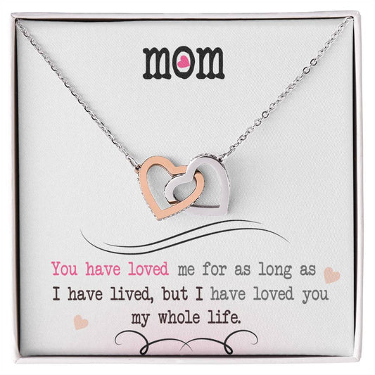 Interlocking hearts necklace with a sentimental message card for mom.