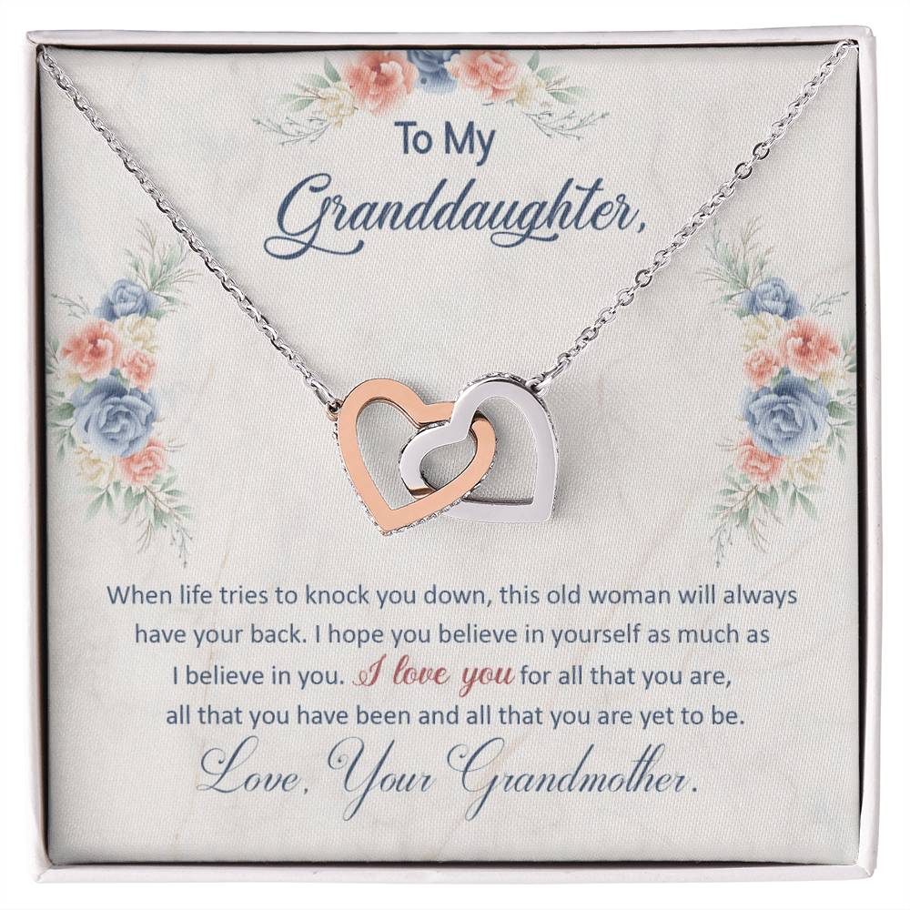Interlocking hearts necklace with a heartfelt message card for granddaughter.