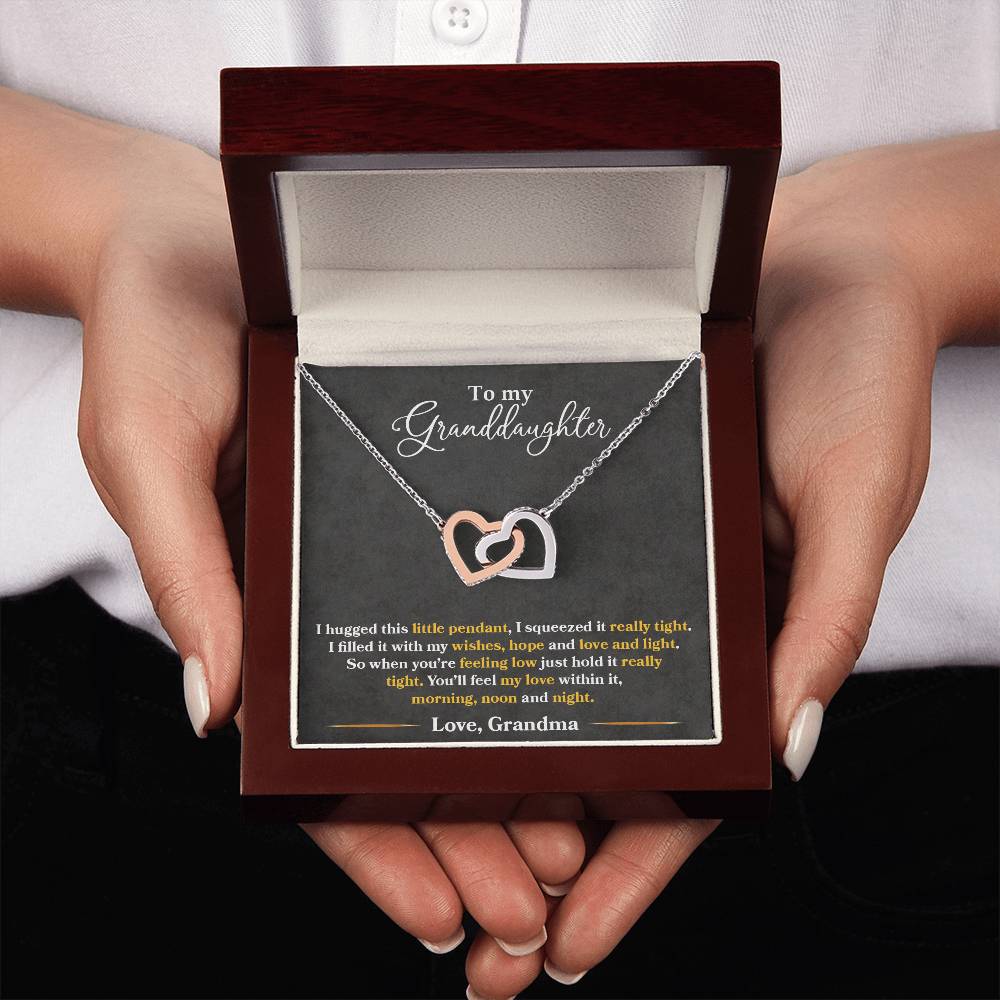 Granddaughter gift featuring interlocking hearts and CZ crystals with a message card from grandma inside the box.