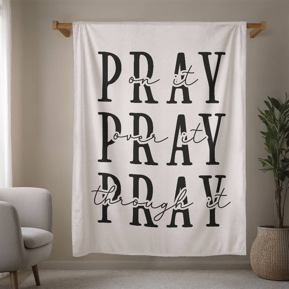 Cozy Christian fleece blanket with an uplifting prayer quote in cream color