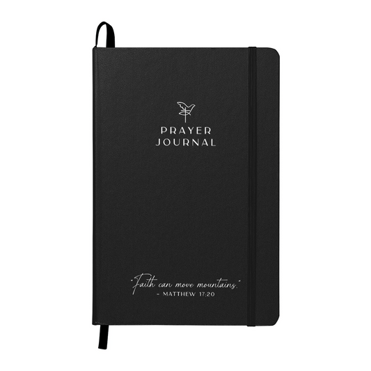 Black prayer journal designed for faith-based reflections and gratitude journaling.