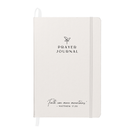 Cream colored prayer journal with ‘Matthew 17:20’ printed on the cover, designed for faith-based reflections and gratitude journaling.