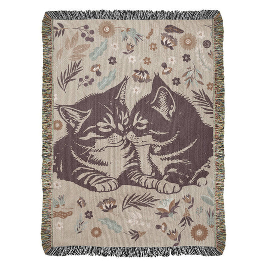 Cozy woven blanket featuring two snuggling cats – a heartwarming symbol of faith, love, and companionship.