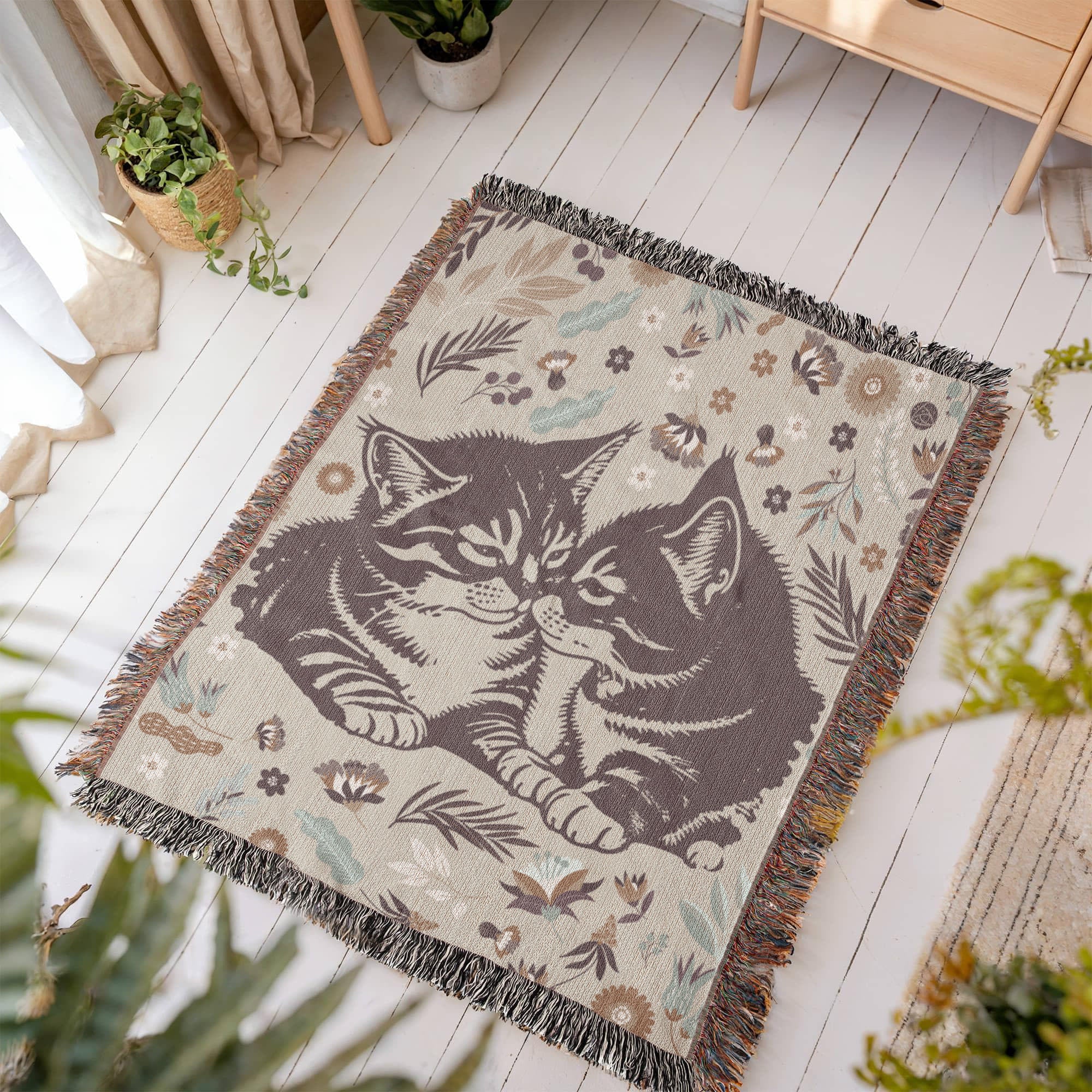 Soft 100% cotton woven blanket with a snuggling kitties design, perfect for warmth, comfort, and faith-inspired decor.