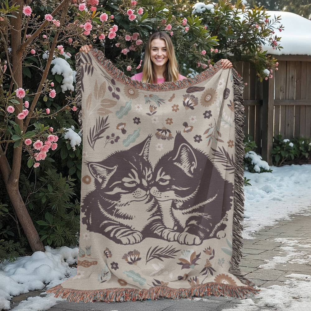 woven throw blanket with two cuddling cats, representing love, comfort, and God’s ever-present care.