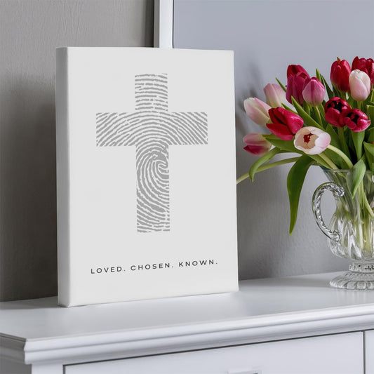 Loved. Chosen. Known. – Minimalist Fingerprint Cross Canvas