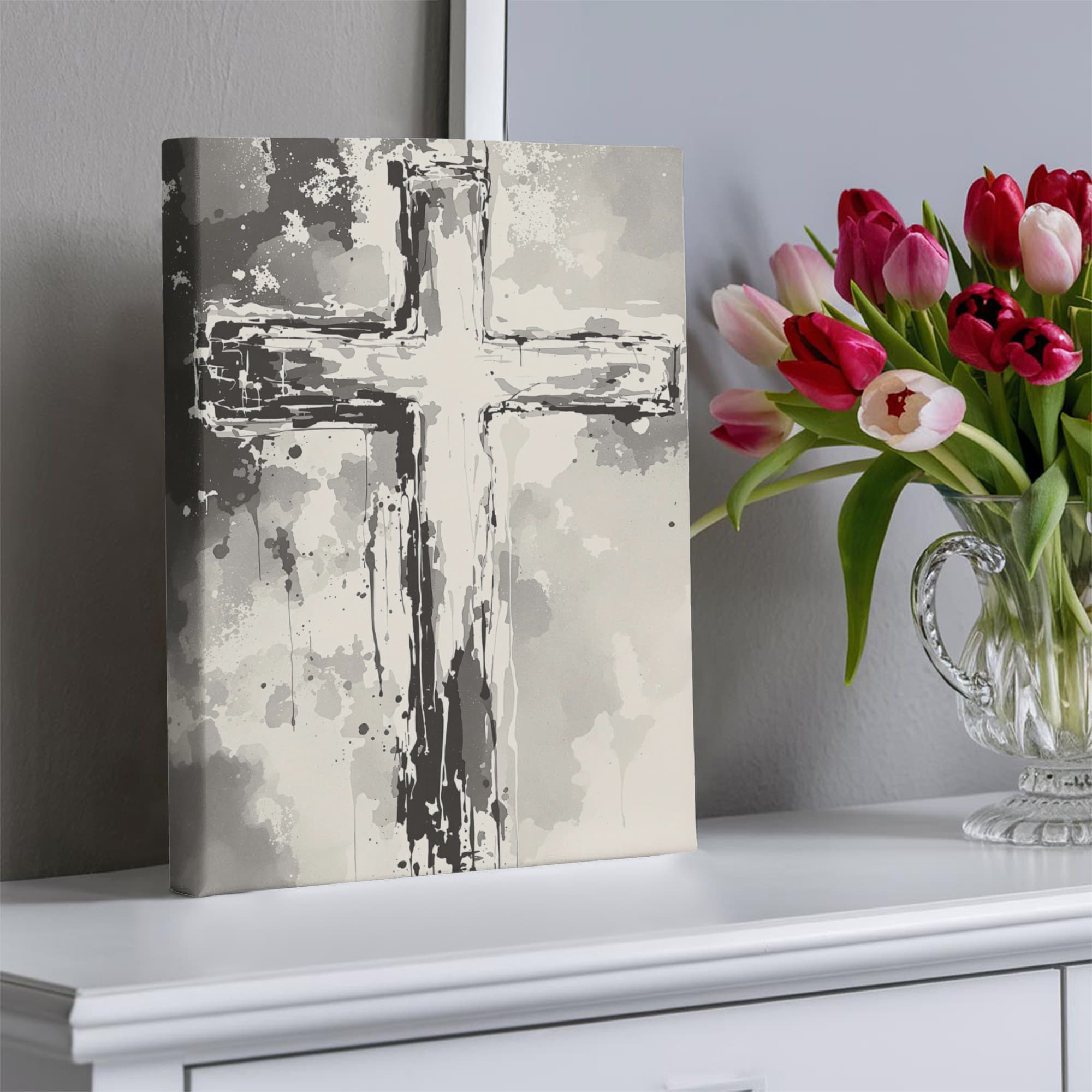 Modern Christian wall art with artistic brushstroke cross