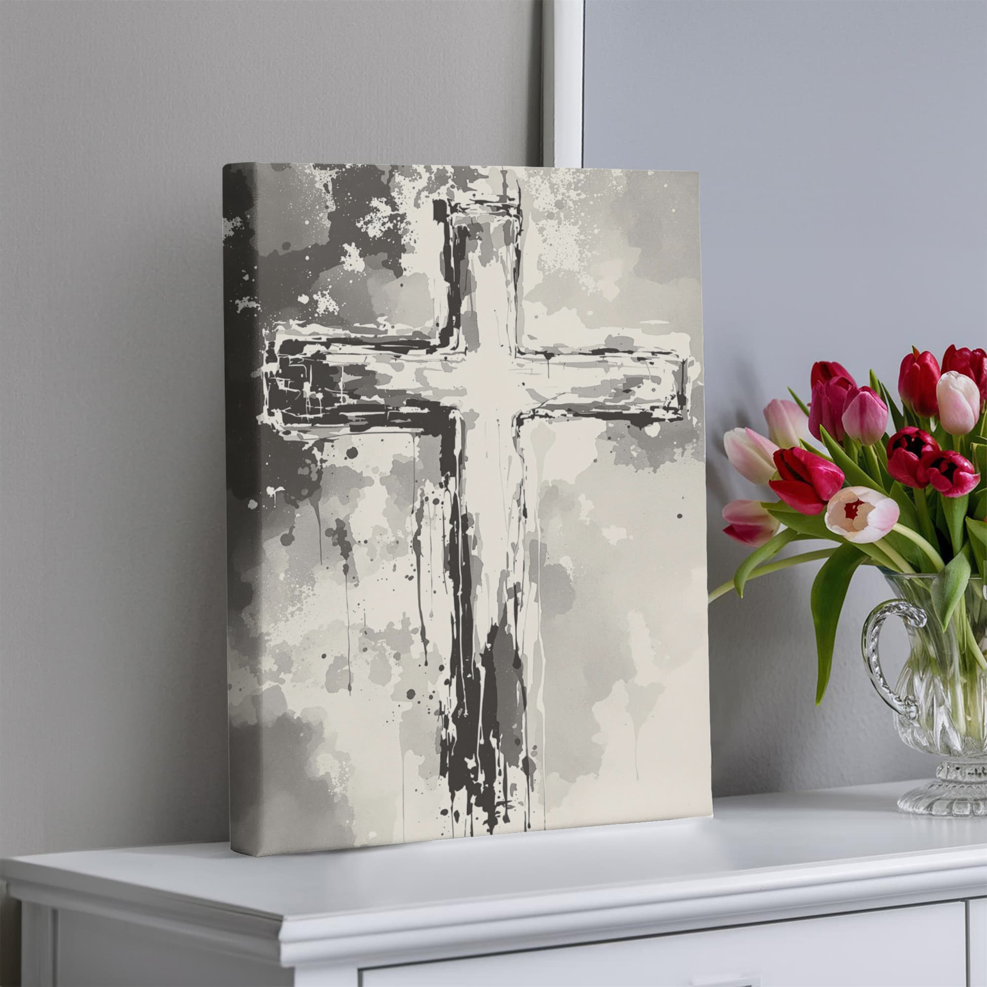 Bold and modern Christian décor featuring a painted cross