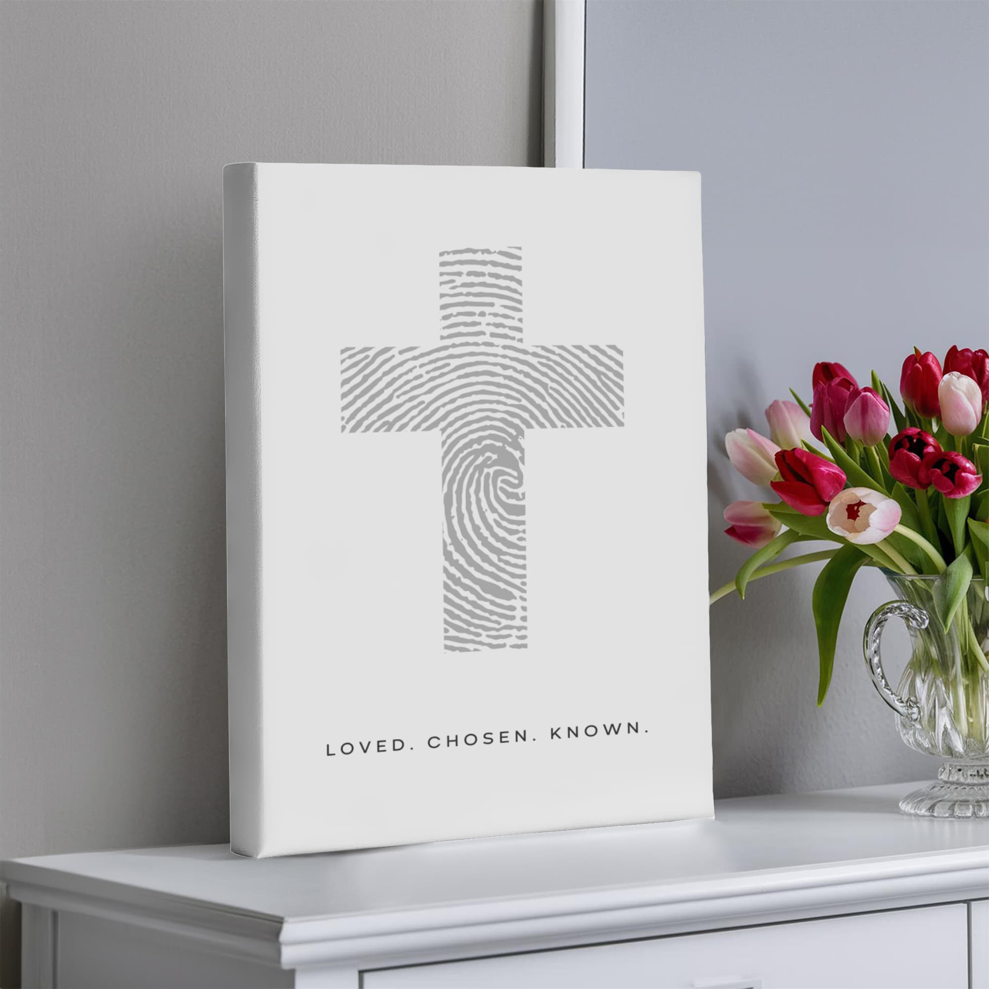 Loved. Chosen. Known. – Minimalist Fingerprint Cross Canvas