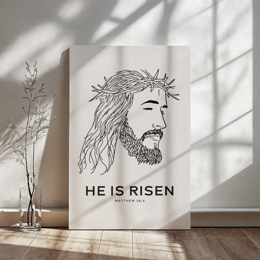 Modern abstract ink drawing of Jesus' profile with flowing hair and crown of thorns with 'He is risen' Matthew 28:6