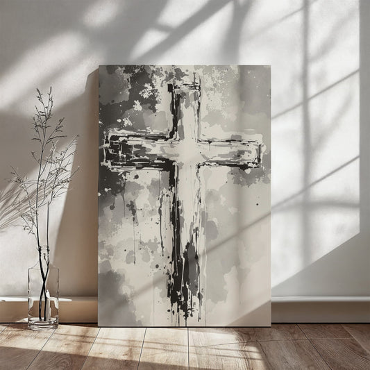 Graffiti-style cross canvas with bold paint splashes