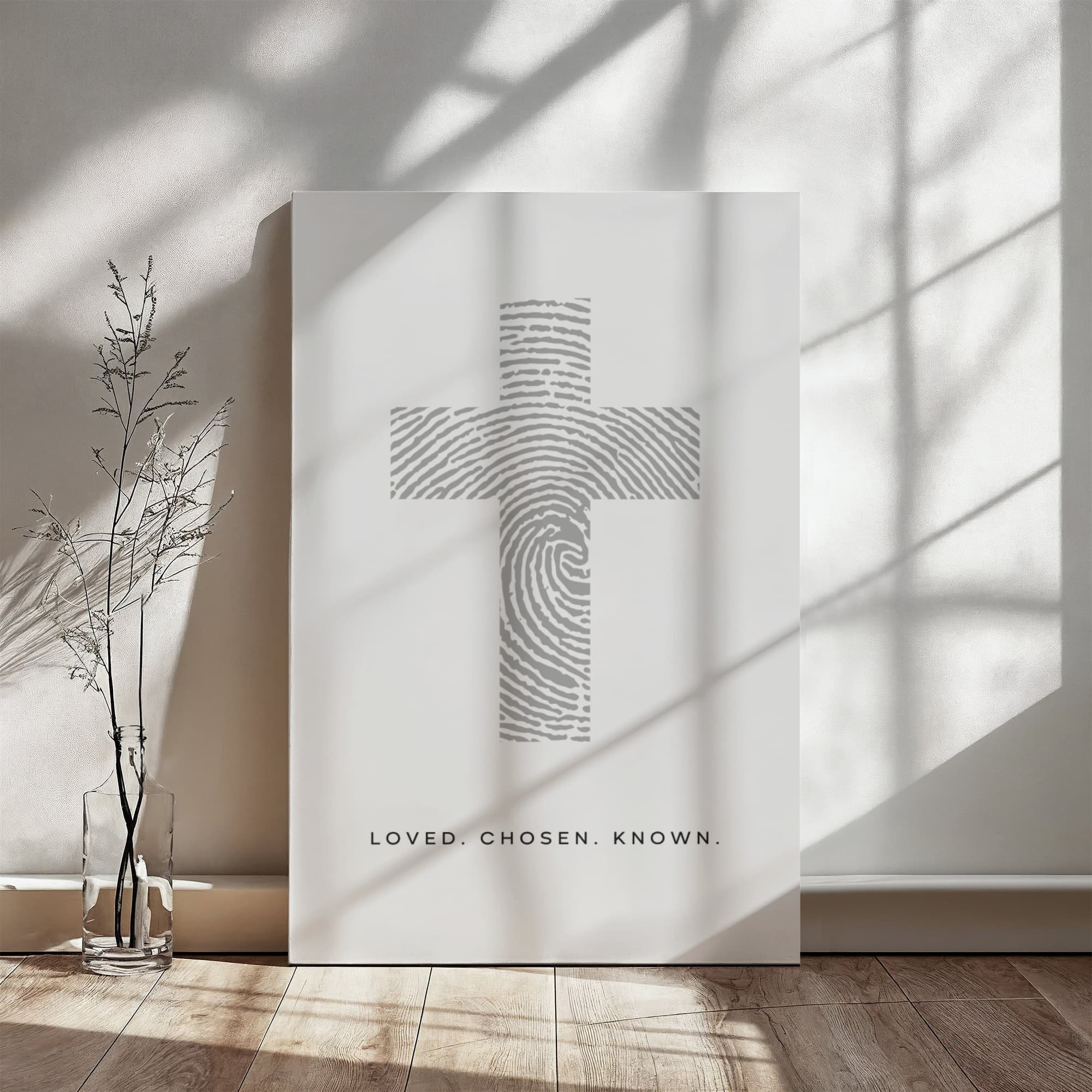 Loved. Chosen. Known. – Minimalist Fingerprint Cross Canvas