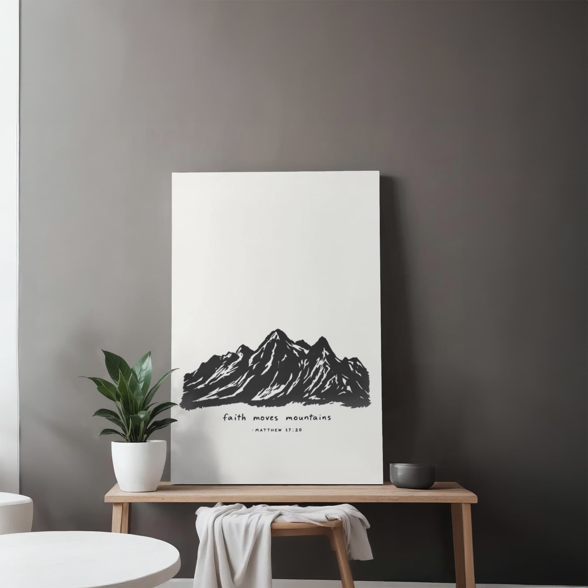 Striking, powerful Christian wall art with the words faith moves mountains, large canvas size.