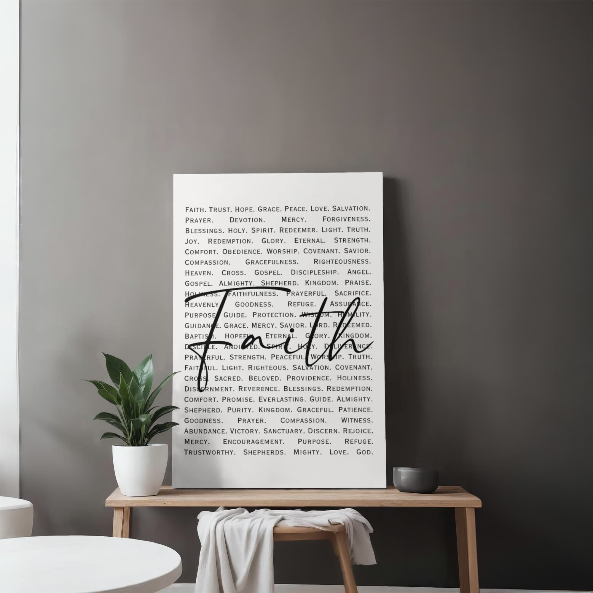 Elegant Christian typography canvas with scripture and faith words