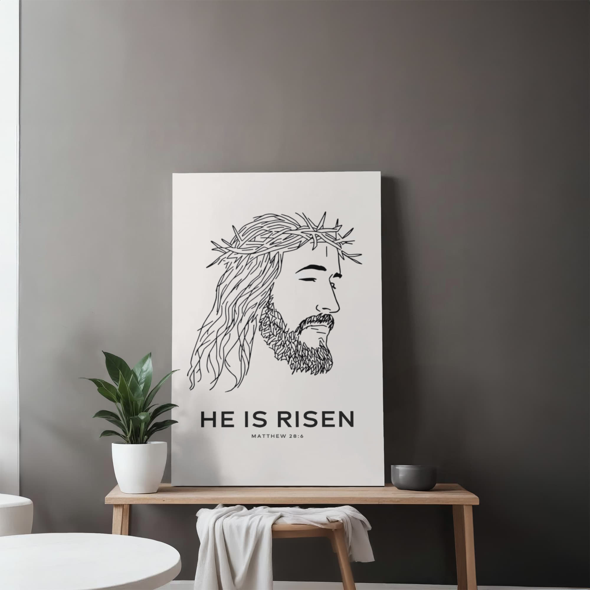 Minimalist Christian canvas featuring Jesus with he is risen