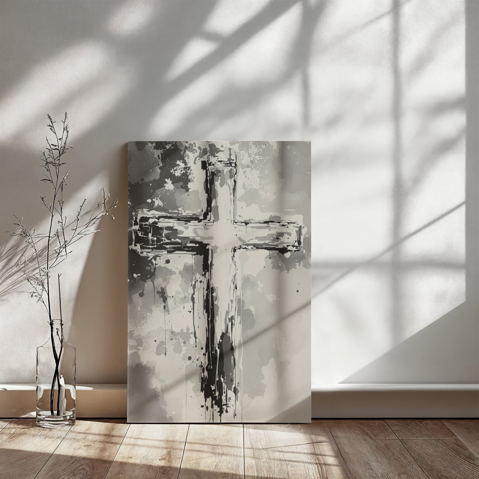 Modern Christian wall art with artistic brushstroke cross in gray 