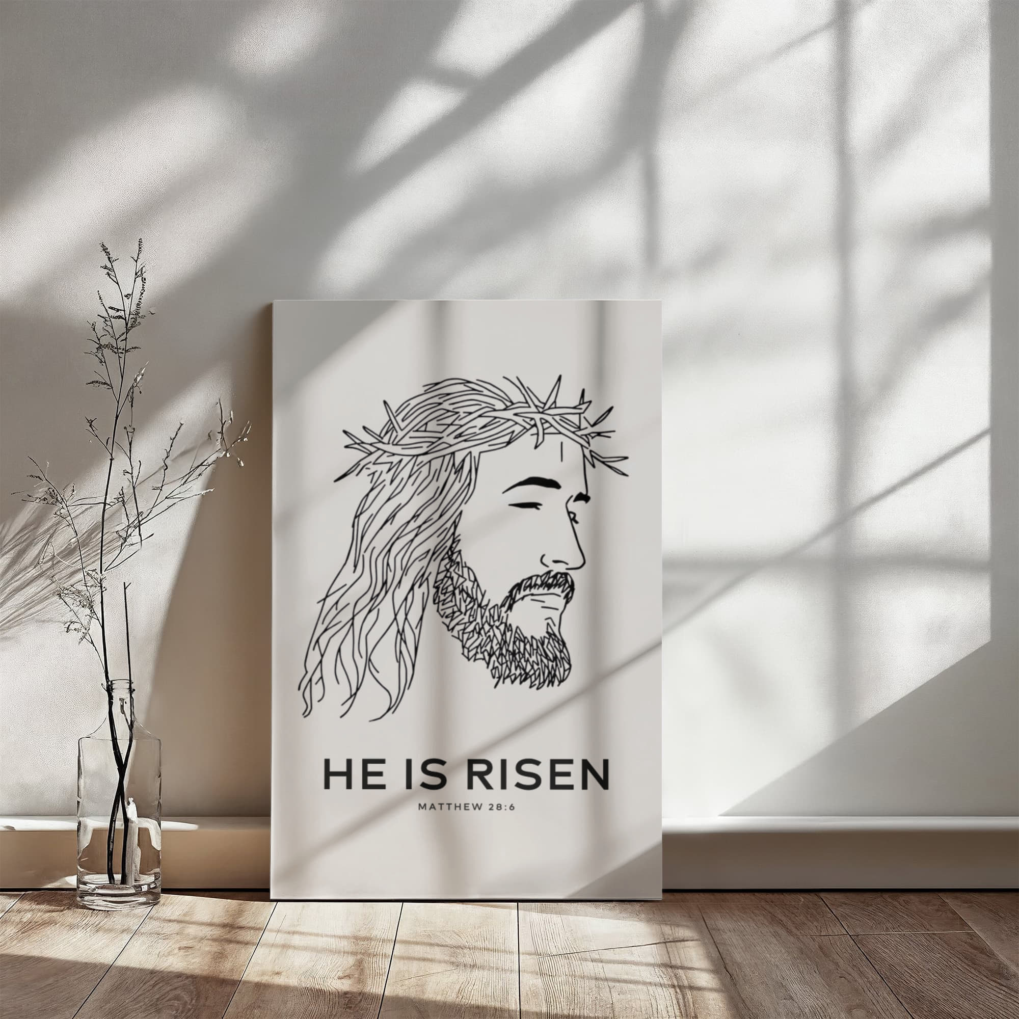 bold Christian wall art canvas with he is risen written with matthew 28:6 scripture.